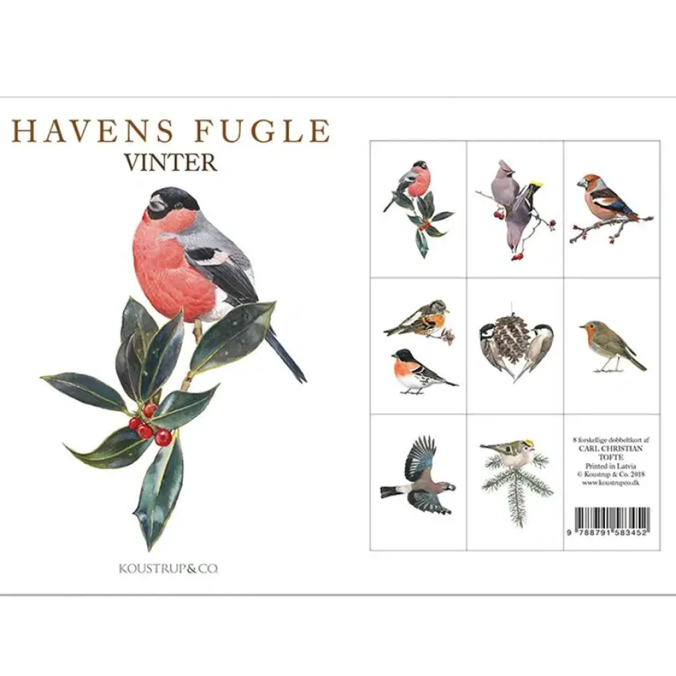 Havens fugle vinter af Carl Christian Tofte 8 stk postkort